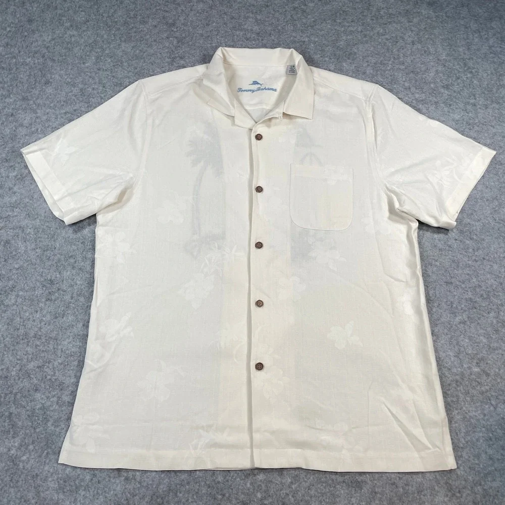Tommy Bahama Mens Hawaiian Shirt Large Hawaii Graphic Silk Blend Cream